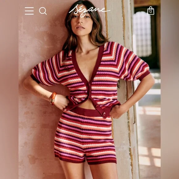Sezane Eliam Shorts. Striped Knit. Size Small. Burgundy white orange red pink - Picture 2 of 9